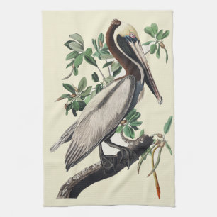 Vintage Audubon bruine pelikaan kustvogel kunst Theedoek