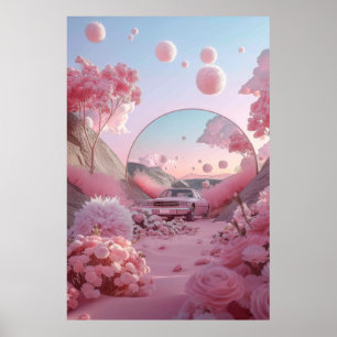 Vintage auto geparkeerd in Field of Flowers Poster