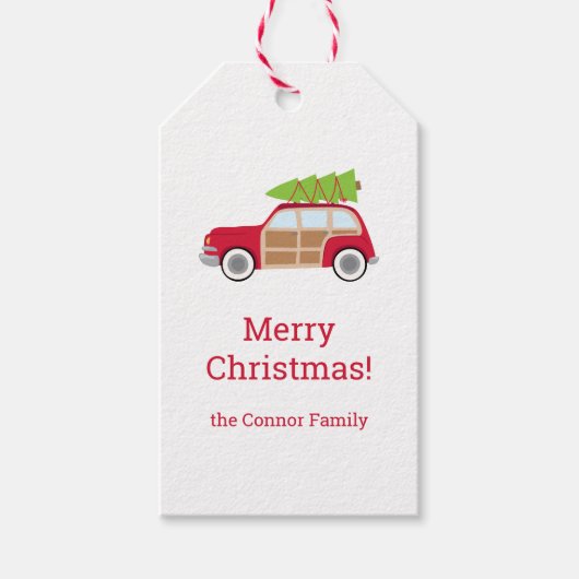 Vintage-auto met kerstboomcadeau Label Cadeaulabel (Voorkant)