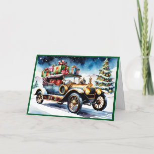 Vintage auto met kerstcadeaus feestdagen kaart