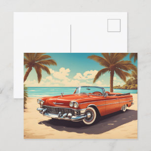 Vintage auto op het strand met surven plank briefkaart