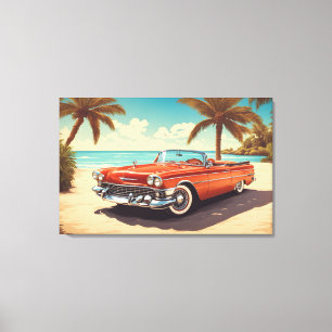 Vintage auto op het strand met surven plank canvas afdruk