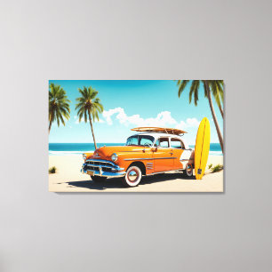 Vintage auto op het strand met surven plank canvas afdruk