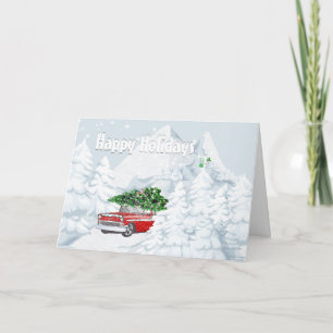 Vintage auto sneeuw Chevrolet vakantie kerstboom Feestdagen Kaart