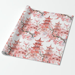 Vintage Aziatische Pagode Roze Bloesem Schilderkun Cadeaupapier
