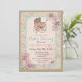 Vintage Baby shower Carriage Floral Invitation (Debout devant)