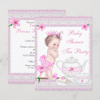 Vintage baby shower meisje prinses roze theepartij kaart