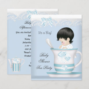 Vintage babyfeest jongen blauwe baby in theekopje kaart