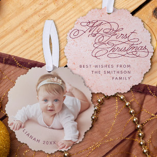 Vintage Baby's Eerste Kerstmis Foto Elegante Roze Ornament Kaart