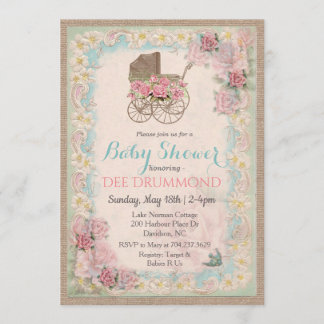 Vintage babyshower wandelwagen bloemen uitnodiging