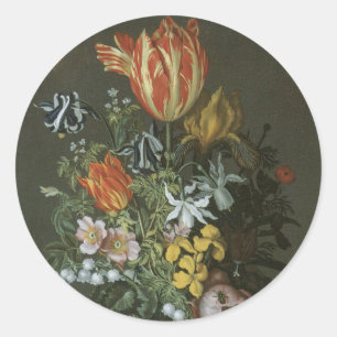 Vintage Barok, Stilleven Bloemen in Vaas Ronde Sticker