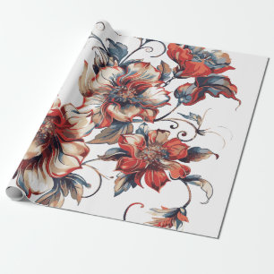 Vintage Barokke Bloemmotief in Terracotta en Blauw Cadeaupapier