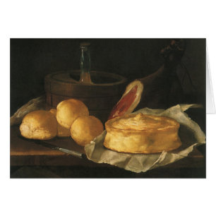 Vintage barokstilleven met brood, taart en ham