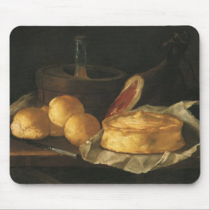 Vintage barokstilleven met brood, taart en ham muismat