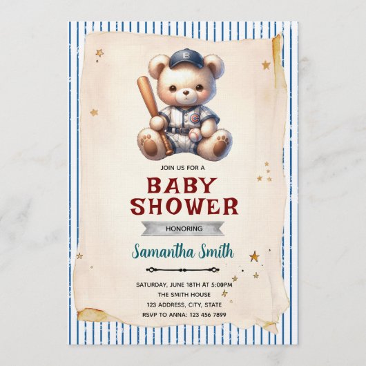 Vintage Baseball Bear Baby Shower Invitation (Devant)