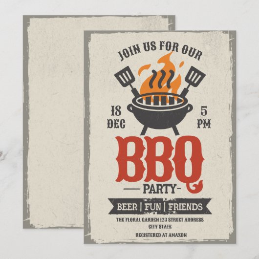 Vintage BBQ Party Grill Master Invitation (Devant / Derrière)