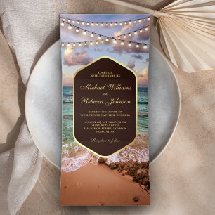 Vintage Beach Sunset String Lights Wedding Drieluik Uitnodiging