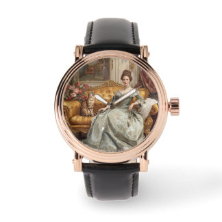 Vintage, Beautiful Noblewoman and Cat, Classic  Horloge