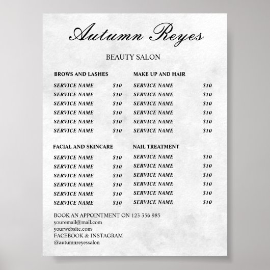 Vintage Beauty Salon Price List Poster (Voorkant)