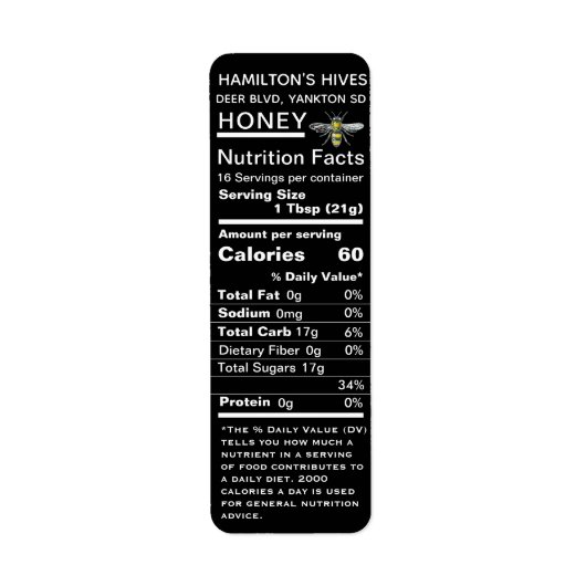 Vintage Bee Black 2020 Valeur nutritive Étiquette (Devant)