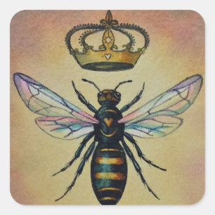 Vintage Bee nr. 3 Queen Crown Waterverf Art Vierkante Sticker