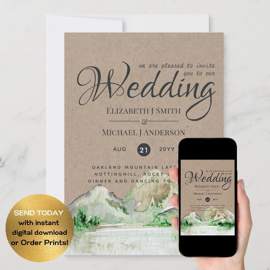 Vintage bergen meer rustic Wedding Kaart