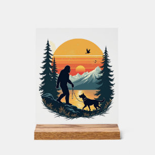 Vintage Bigfoot Wandelende Hond Berg Zonsondergang Acryl Bord