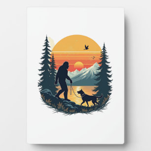 Vintage Bigfoot Wandelende Hond Berg Zonsondergang Fotoplaat