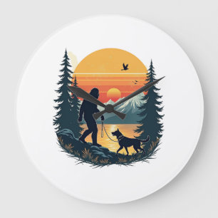 Vintage Bigfoot Wandelende Hond Berg Zonsondergang Grote Klok
