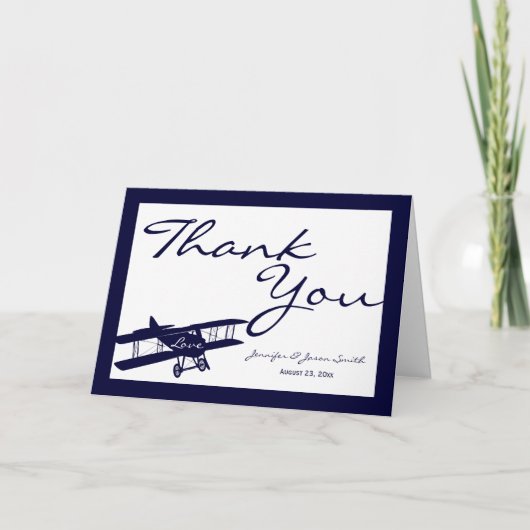 Vintage Biplane Aviateur Mariage bleu Merci (Devant)