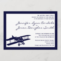 Vintage Biplane Aviator Blue Wedding Invitations