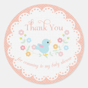 Vintage Bird and Flowers Baby shower Dank u wel Ronde Sticker