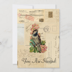 Vintage Bird Flowers French Briefkaarten Invitatio
