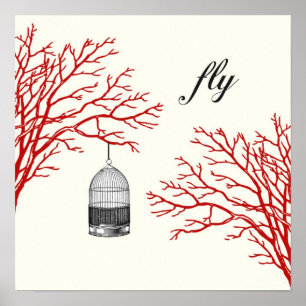 Vintage Birdcage Red Branches "fly" Poster