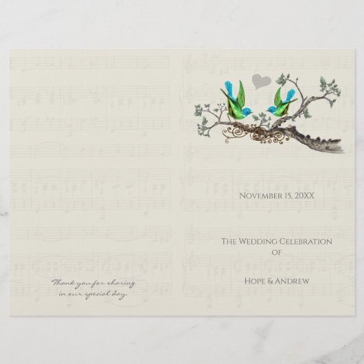 Vintage Birds Blue & Green Wedding Programme (Devant)