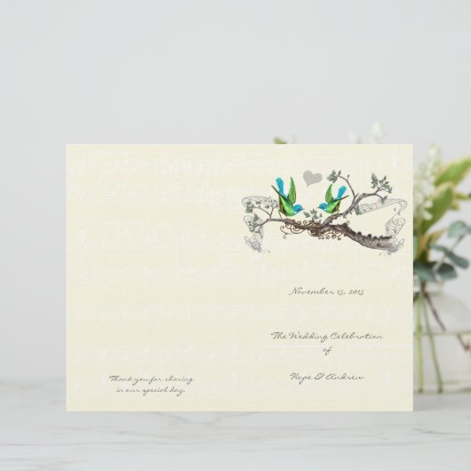 Vintage Birds Blue & Green Wedding Programme (Debout devant)
