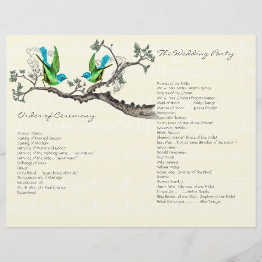 Vintage Birds Blue & Green Wedding Programme (Dos)