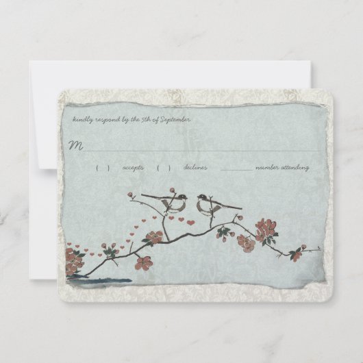 Vintage Birds Mariage damassé RSVP (Devant)
