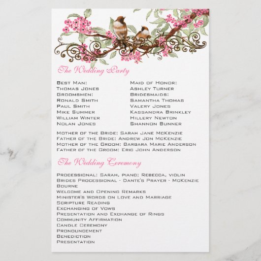 Vintage Birds Pink Musical Scroll Menu Mariage (Devant)