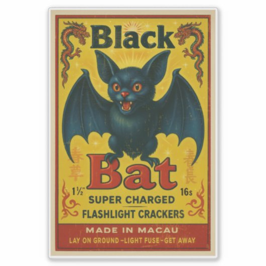 Vintage Black Bat Firecracker Label Sticker (Devant)