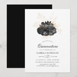 Vintage Black en Gold Floral Quinceañera Kaart