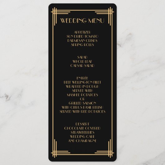 Vintage Black Gatsby Art Déco Menu Mariage (Devant)
