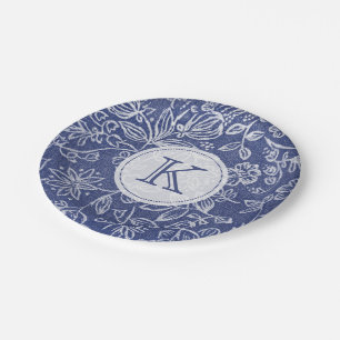 Vintage Blauwe en Witte Bloemen Met monogram Papieren Bordje