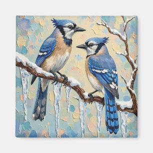 Vintage Blauwe Gaaien op Ijspegeltak Kerst Kunst Magneet