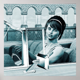Vintage Blauwe Glamour Vrouwenportret Kunst Poster