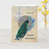 Vintage Blauwe Pauwveren Kroonluchter Verjaardag Kaart (Gele Bloem)