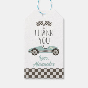 Vintage blauwe raceauto verjaardag bedankt cadeaulabel