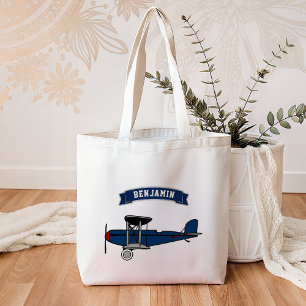 Vintage Blauwe Retro Vliegtuig Kinderen Tote Bag