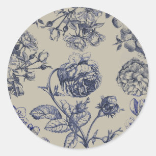 Vintage Blauwe Toile Botanische Bloem Motief Ronde Sticker