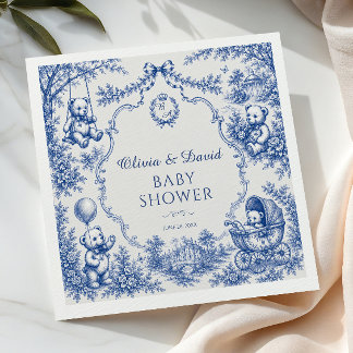 Vintage Blauwe Toile Teddydbeer Baby Shower Servet